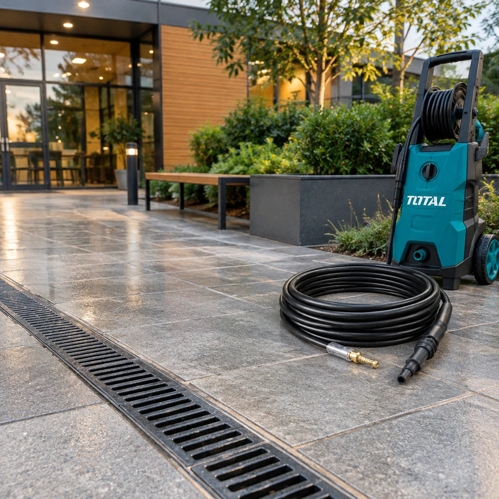 Clear commercial courtyard drain with the Total TGTPCH751 hose coiled beside a parked pressure washer after cleaning