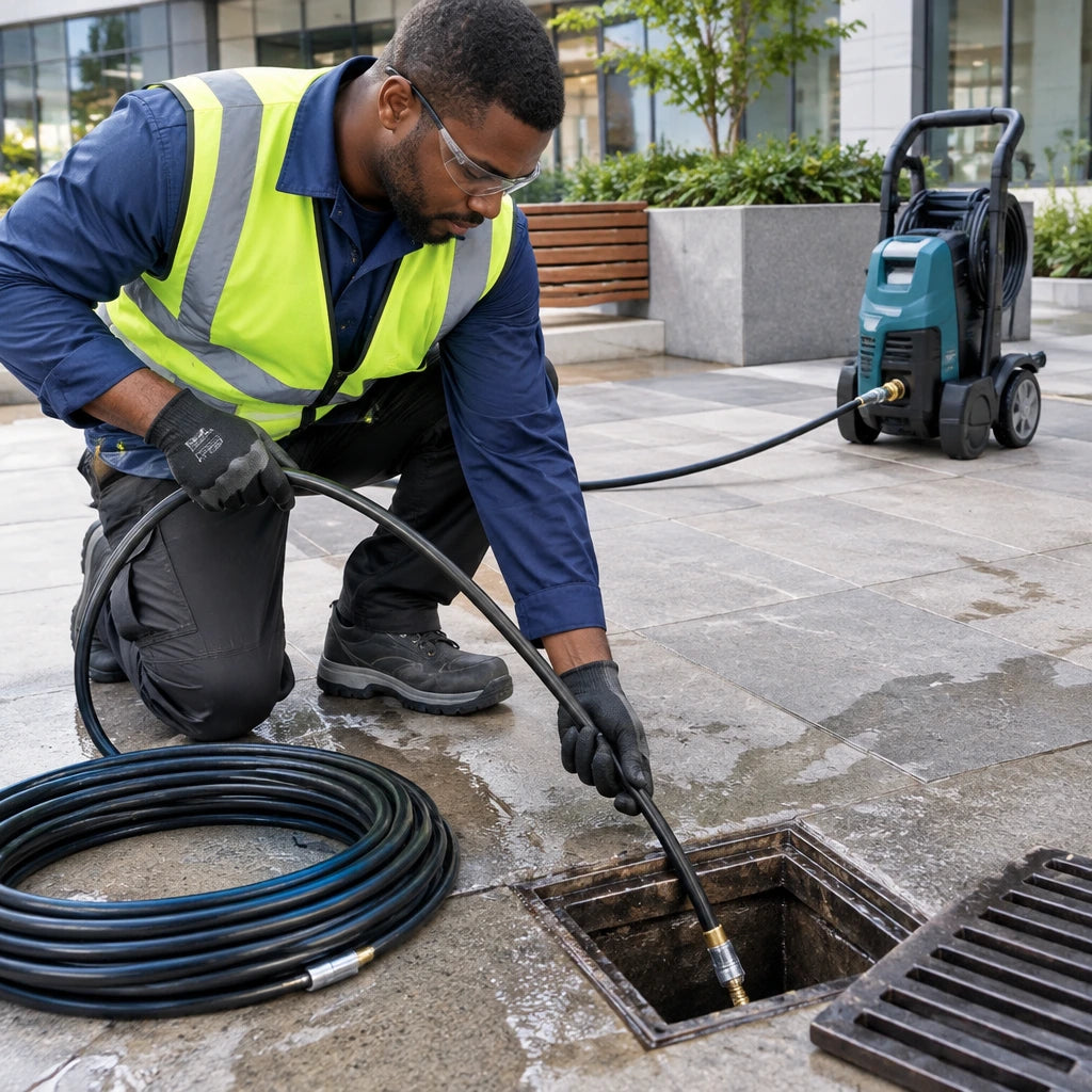 Facilities technician guides the Total TGTPCH751 spring-head hose into a commercial courtyard drain using a compatible pressure washer