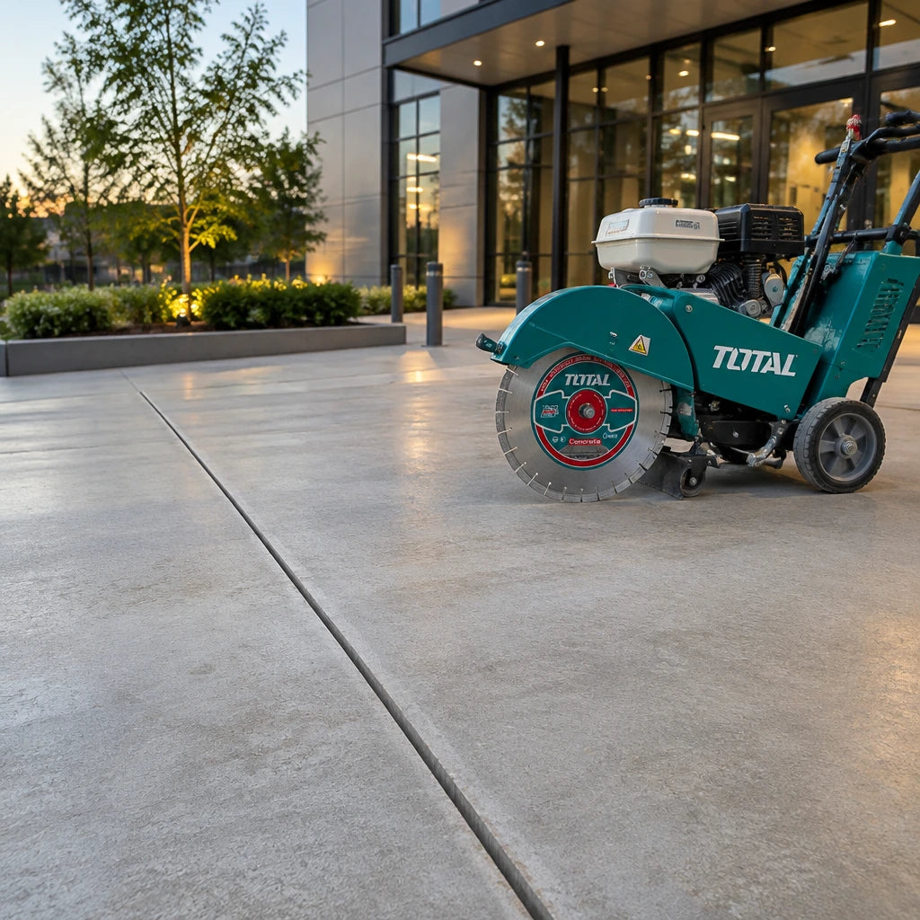 Finished commercial concrete forecourt with a clean control joint and the Total TAC2144053 floor-saw disc parked nearby.