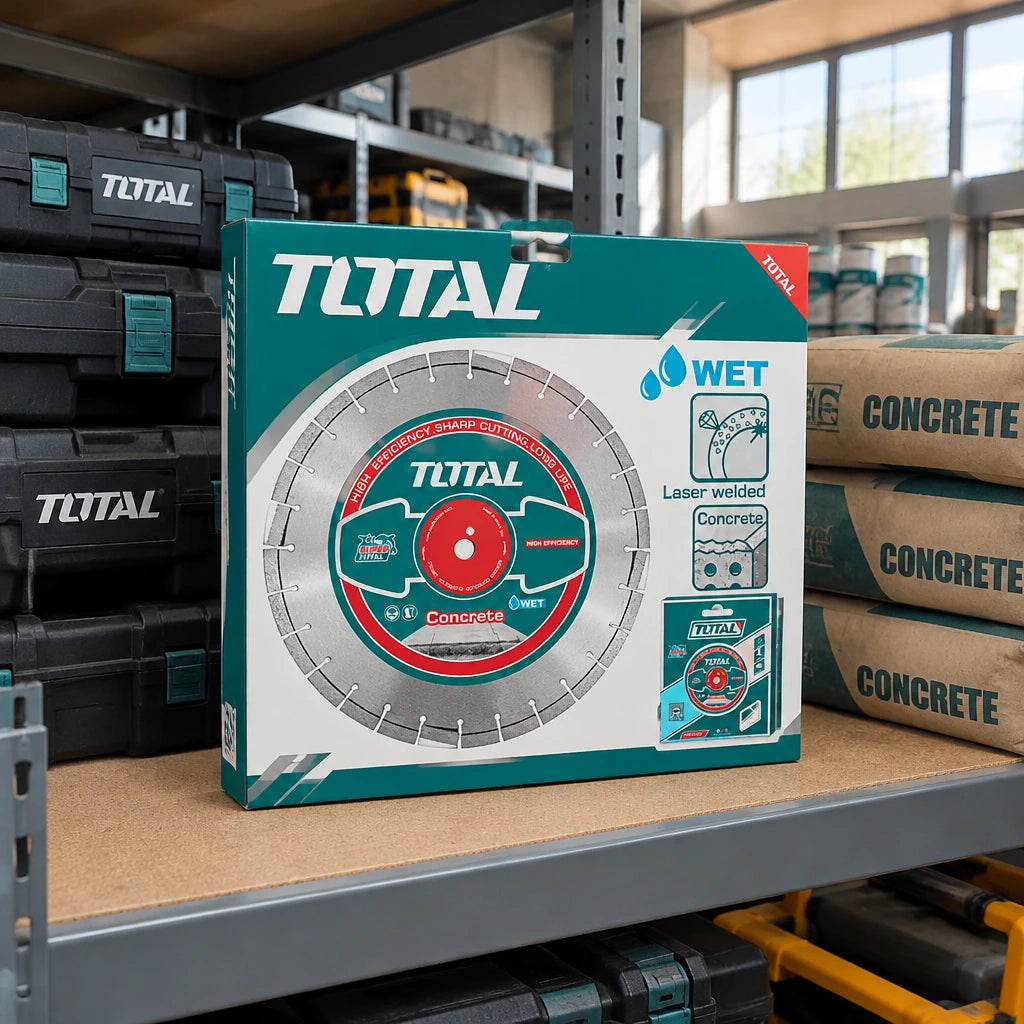 Boxed Total 405mm diamond floor-saw disc stored on a professional concrete contractor’s equipment shelf.