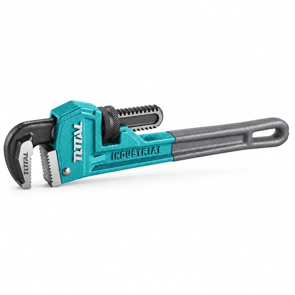Total 12-inch heavy-duty ductile-iron pipe wrench with turquoise body, adjustable Cr-Mo jaw and grey handle on white background