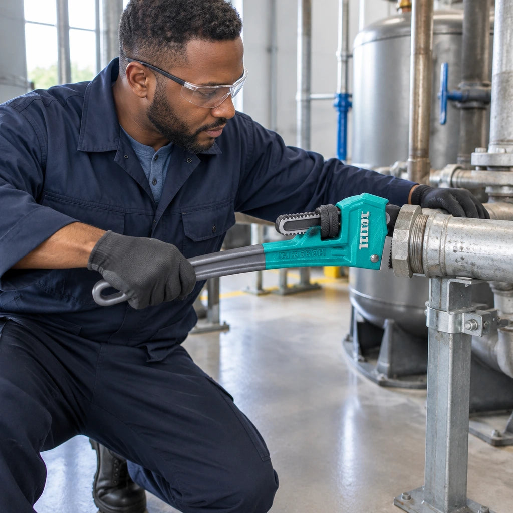 African American plumber using a Total 12-inch pipe wrench to loosen a threaded fitting in a clean plant room