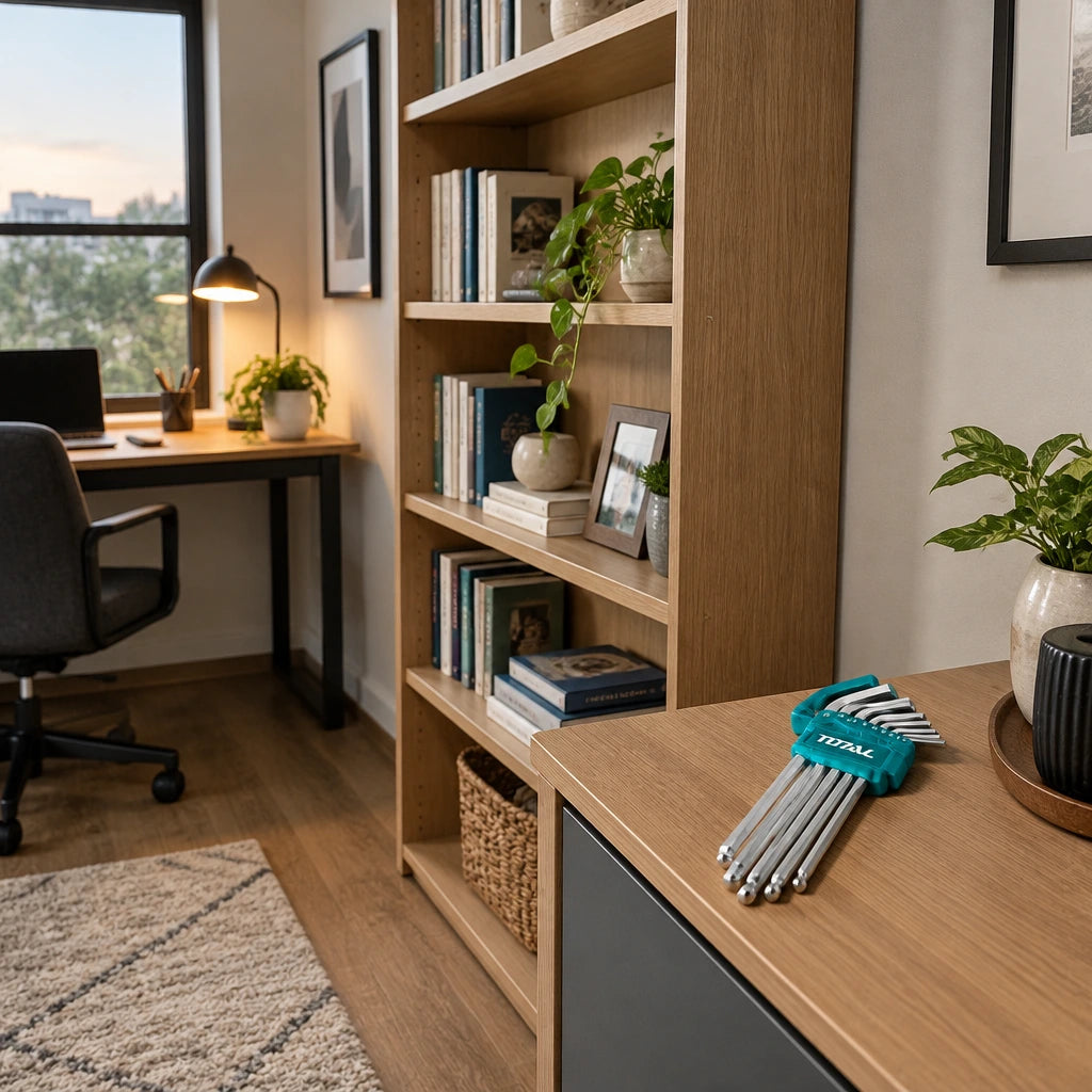 Completed home-office shelving with the Total THT106292 hex key set resting nearby after assembly.