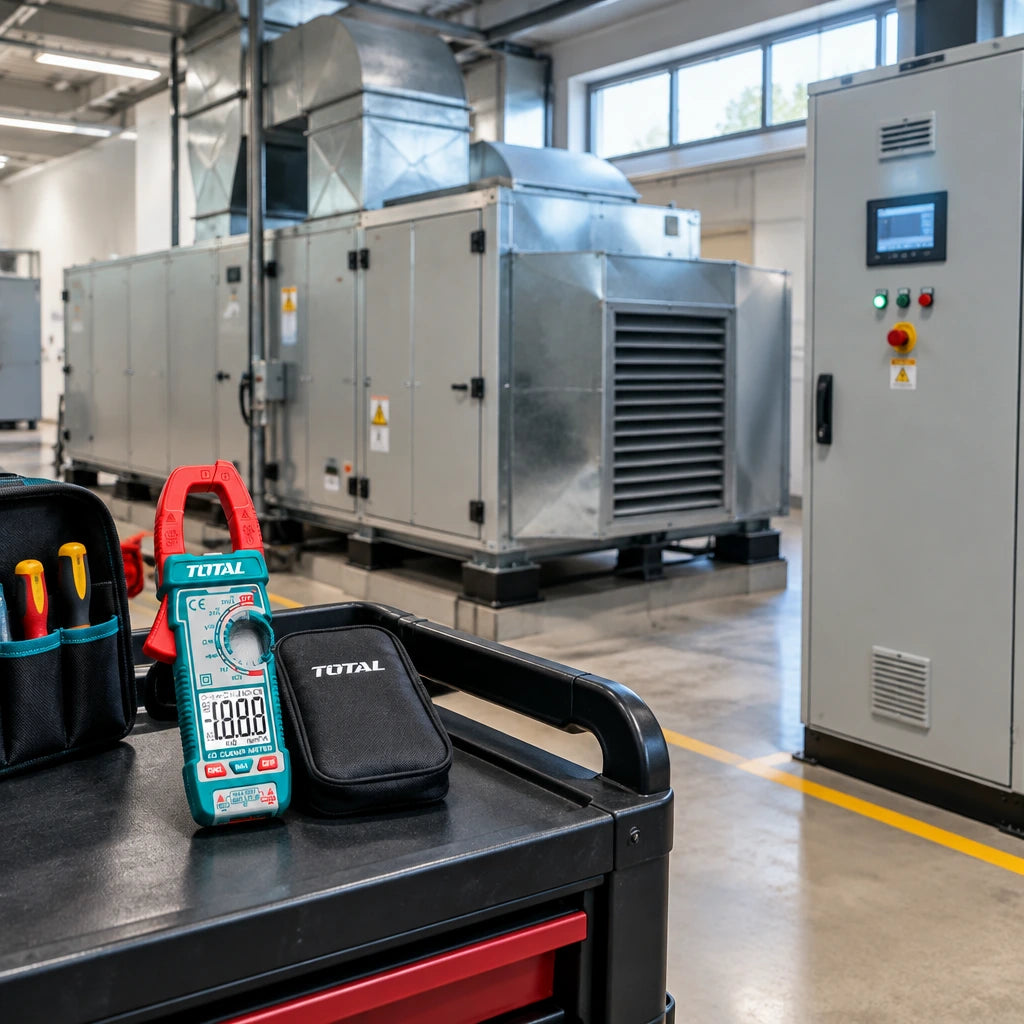 Total TMT762002 clamp meter resting on a service cart beside a completed commercial ventilation plant room check