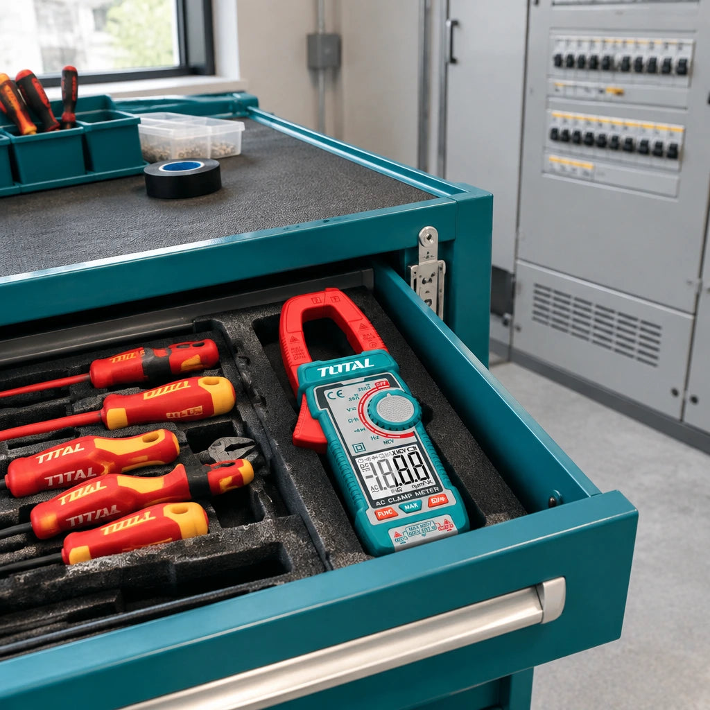 Total TMT762002 clamp meter resting in an organised electrical maintenance cart drawer