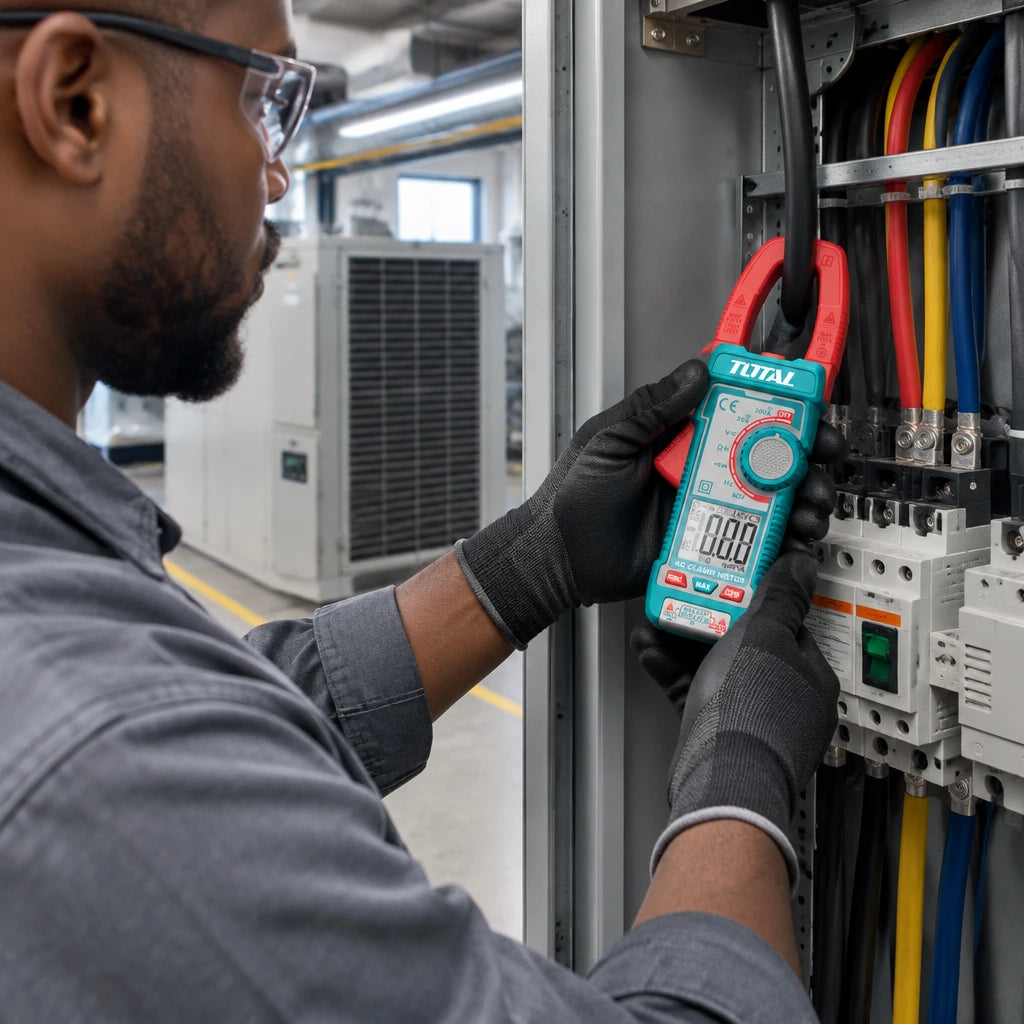 Electrical technician using the Total TMT762002 clamp meter around a single insulated conductor in a plant room