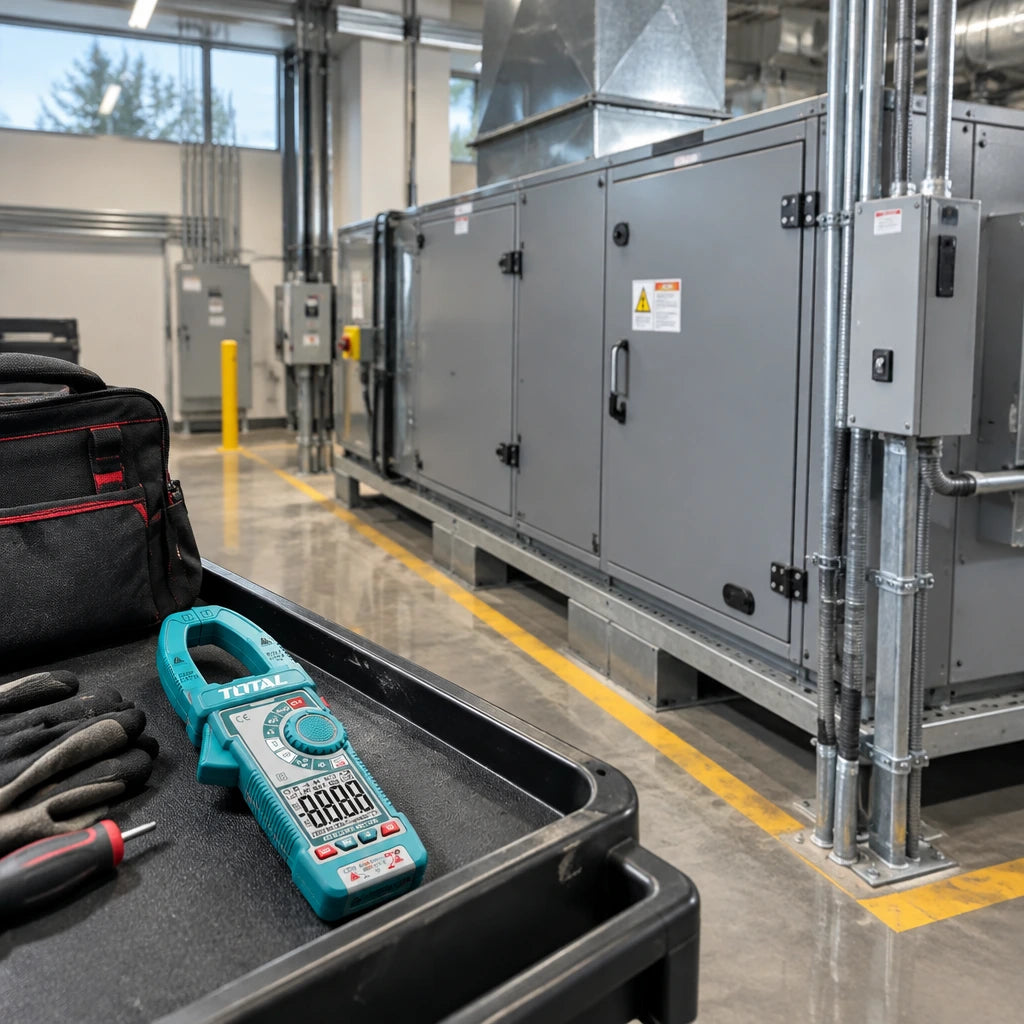 Completed commercial HVAC plant room with the Total TMT766001 clamp meter resting on a service cart
