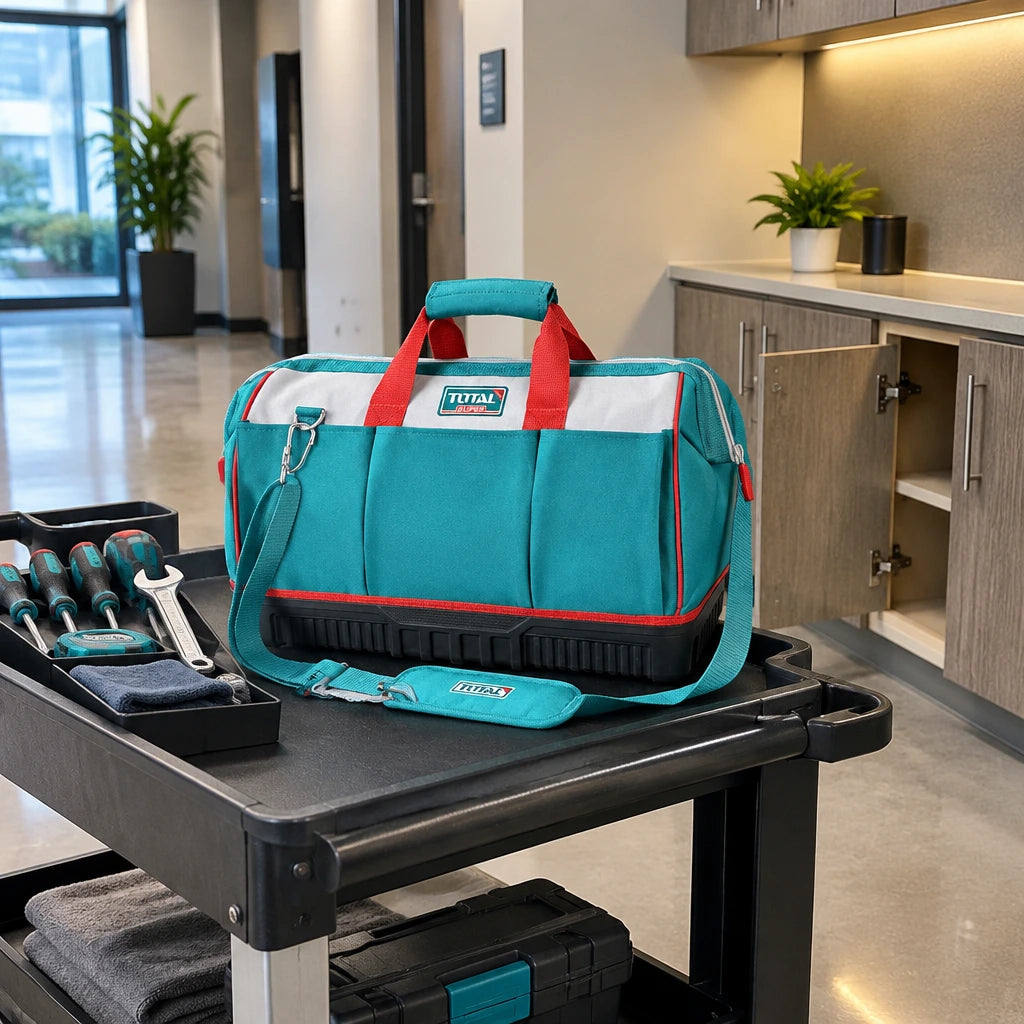 Closed Total THT16163 tool bag ready on a service cart in an orderly contemporary maintenance area