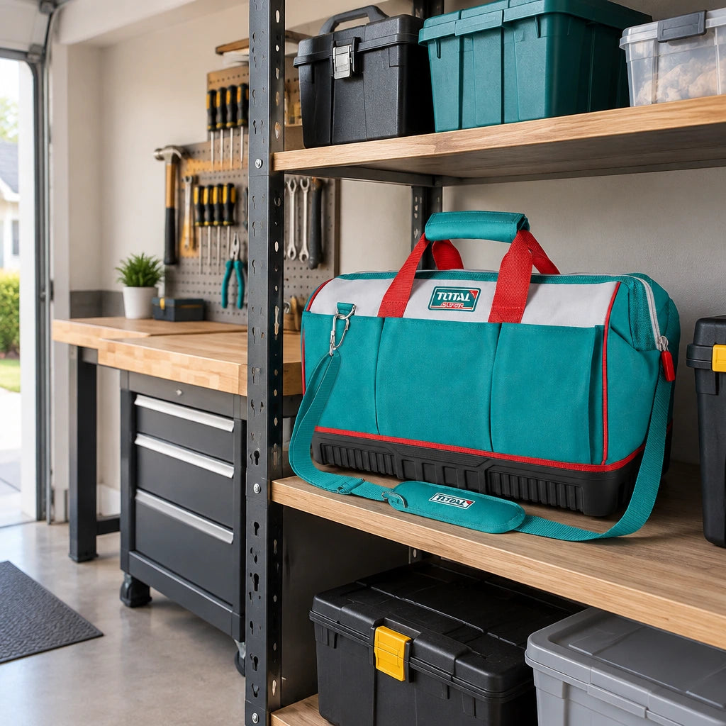Total THT16163 heavy-duty tool bag stored on a shelf in an organised contemporary home garage workshop
