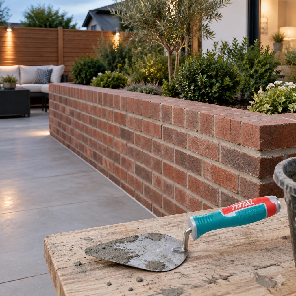 Completed brick garden wall with the Total THT82816 trowel resting nearby in a finished courtyard