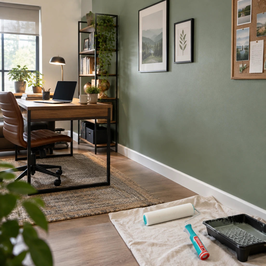 Freshly painted contemporary home office with the Total acrylic roller resting beside the finished wall