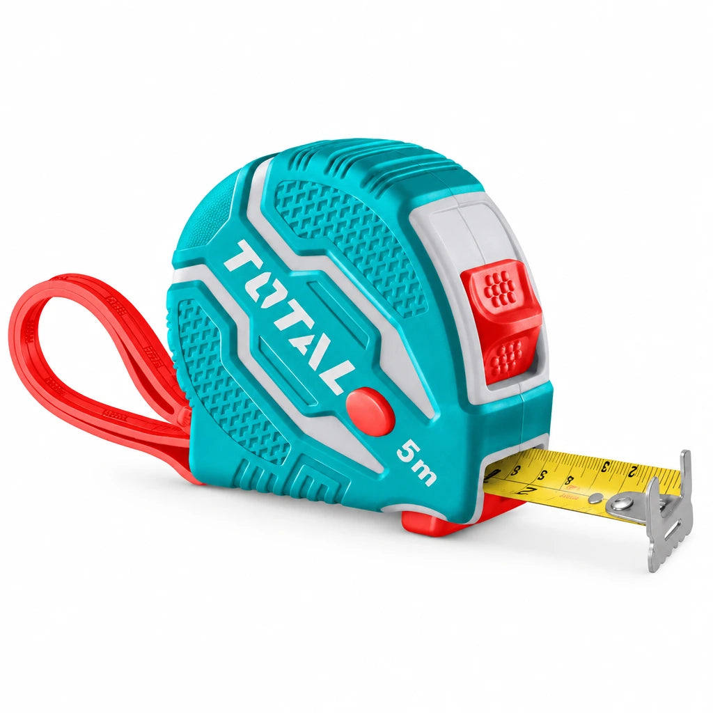 Total 5 m TMT126051 turquoise steel measuring tape with red three-stop buttons and yellow blade on white background