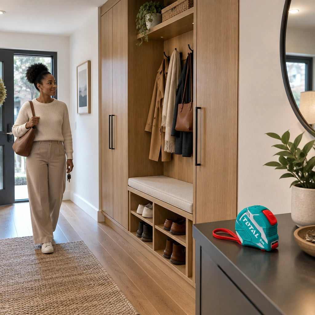 Completed fitted entryway storage with a Total self-locking measuring tape resting nearby