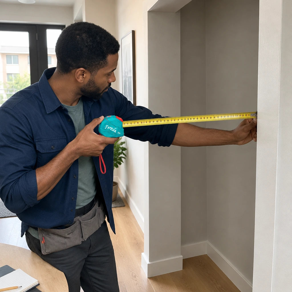 Installer using a Total 5m self-locking tape to measure a recessed entryway for fitted storage
