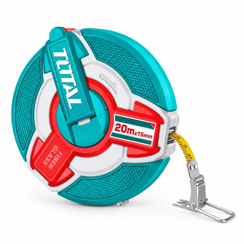 Total 20m double-sided fibreglass measuring tape with turquoise and red housing on white background