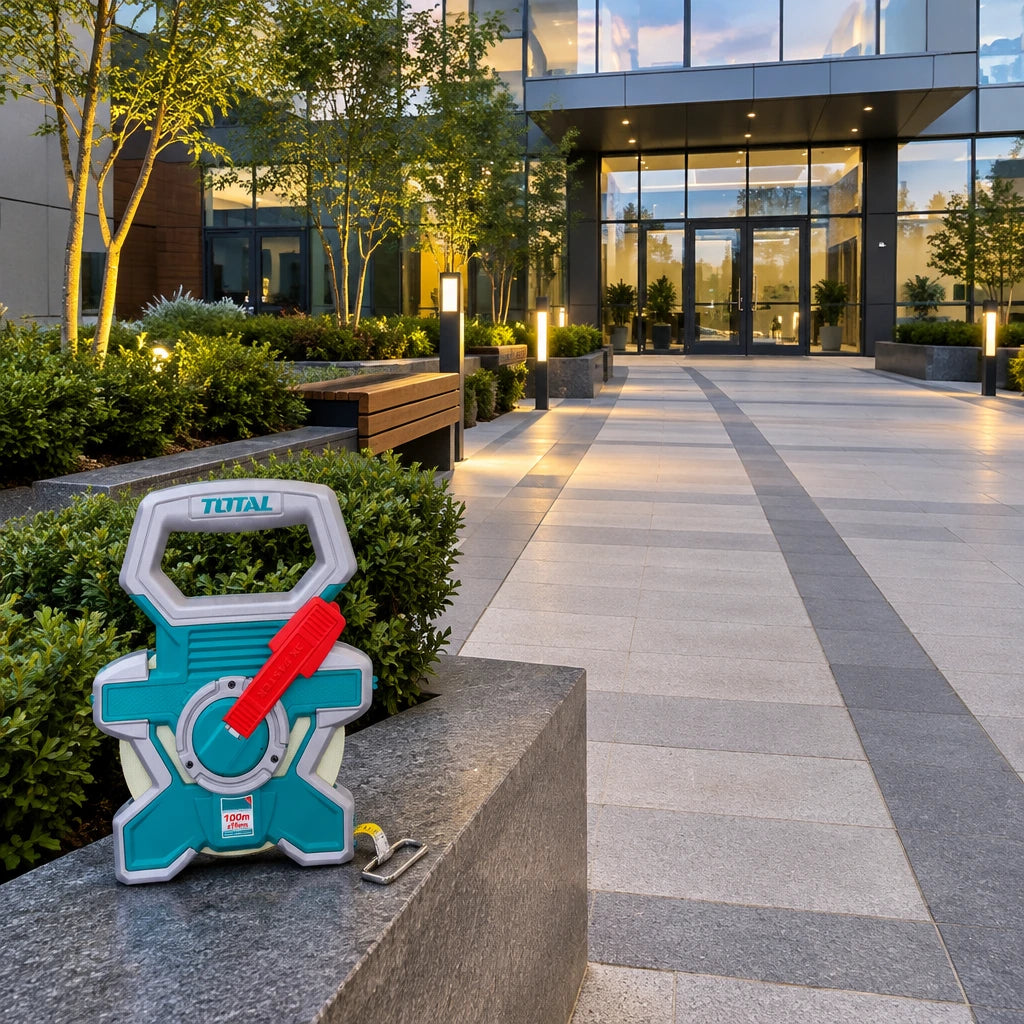 Completed commercial courtyard with aligned paving and inactive Total 100m fibreglass measuring tape nearby