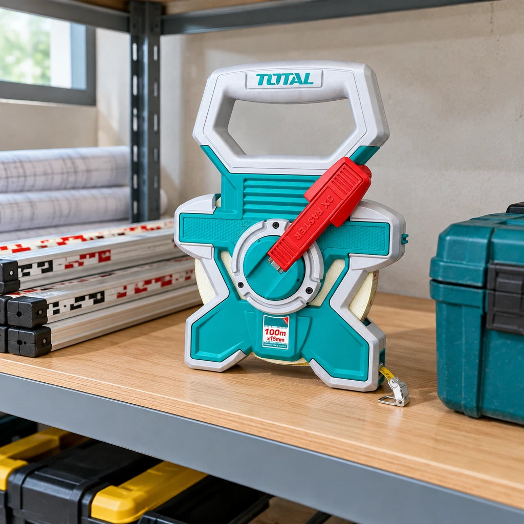 Total 100m reinforced fibreglass measuring tape stored on a professional site-layout equipment shelf