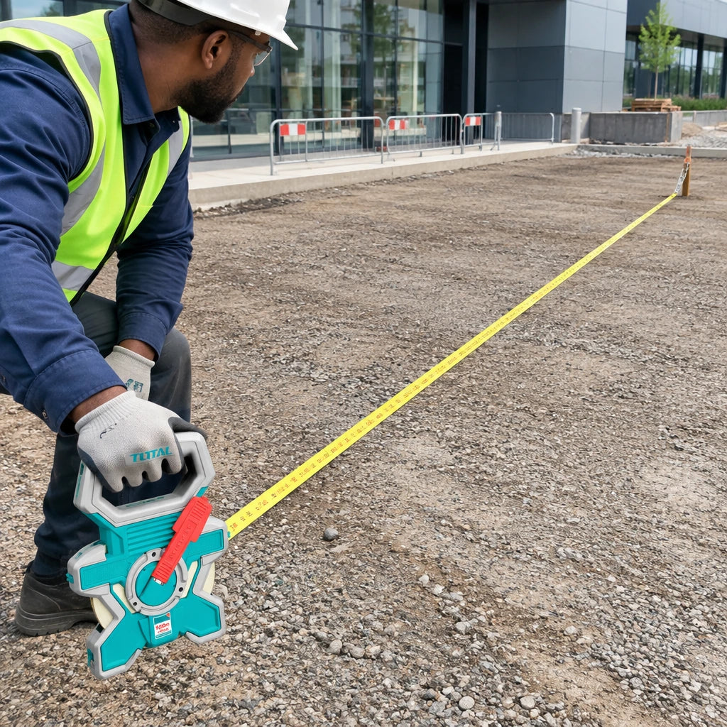 Construction supervisor uses a Total 100m fibreglass tape to measure a long commercial courtyard slab layout