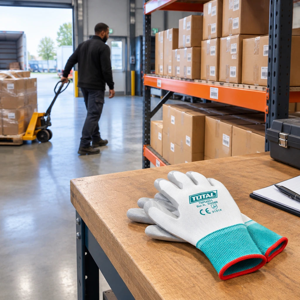 Organised warehouse receiving shelf with handled cartons and Total TSPUG01 gloves resting on a nearby bench