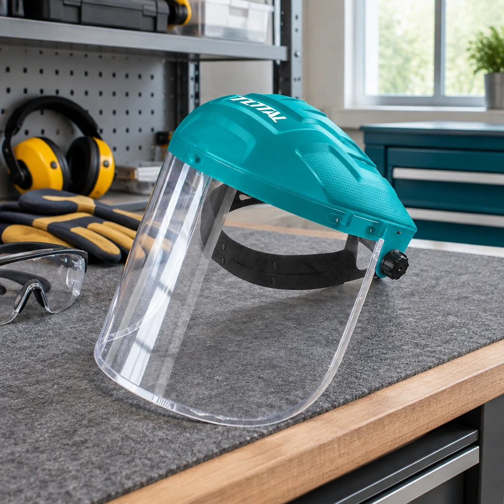 Total TSP631 face shield resting on a dedicated PPE shelf in an organised contemporary maintenance workshop.