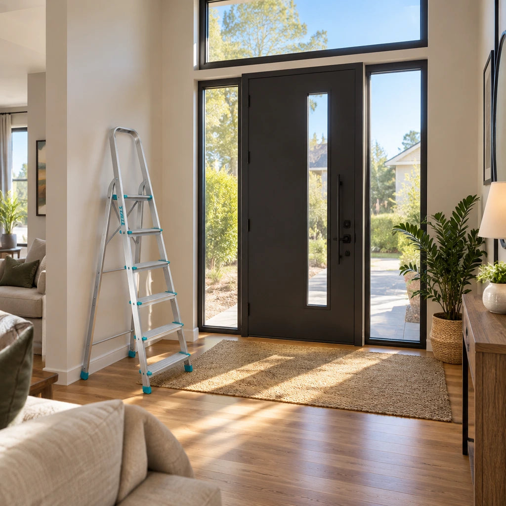 Clean bright entryway with the Total five-step aluminium ladder resting nearby after elevated window cleaning