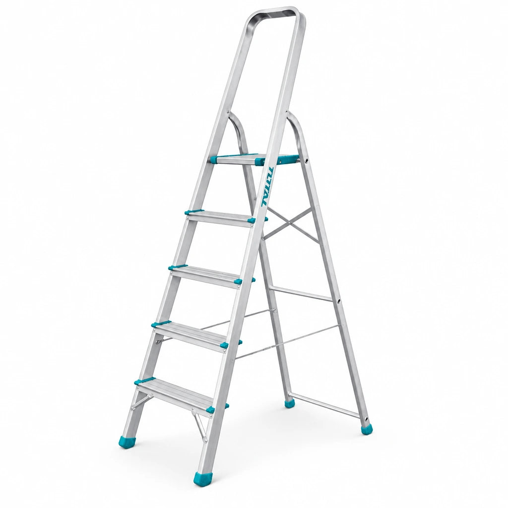 Total THLAD06051 five-step aluminium household ladder opened on a white background with teal accents and upper safety handle