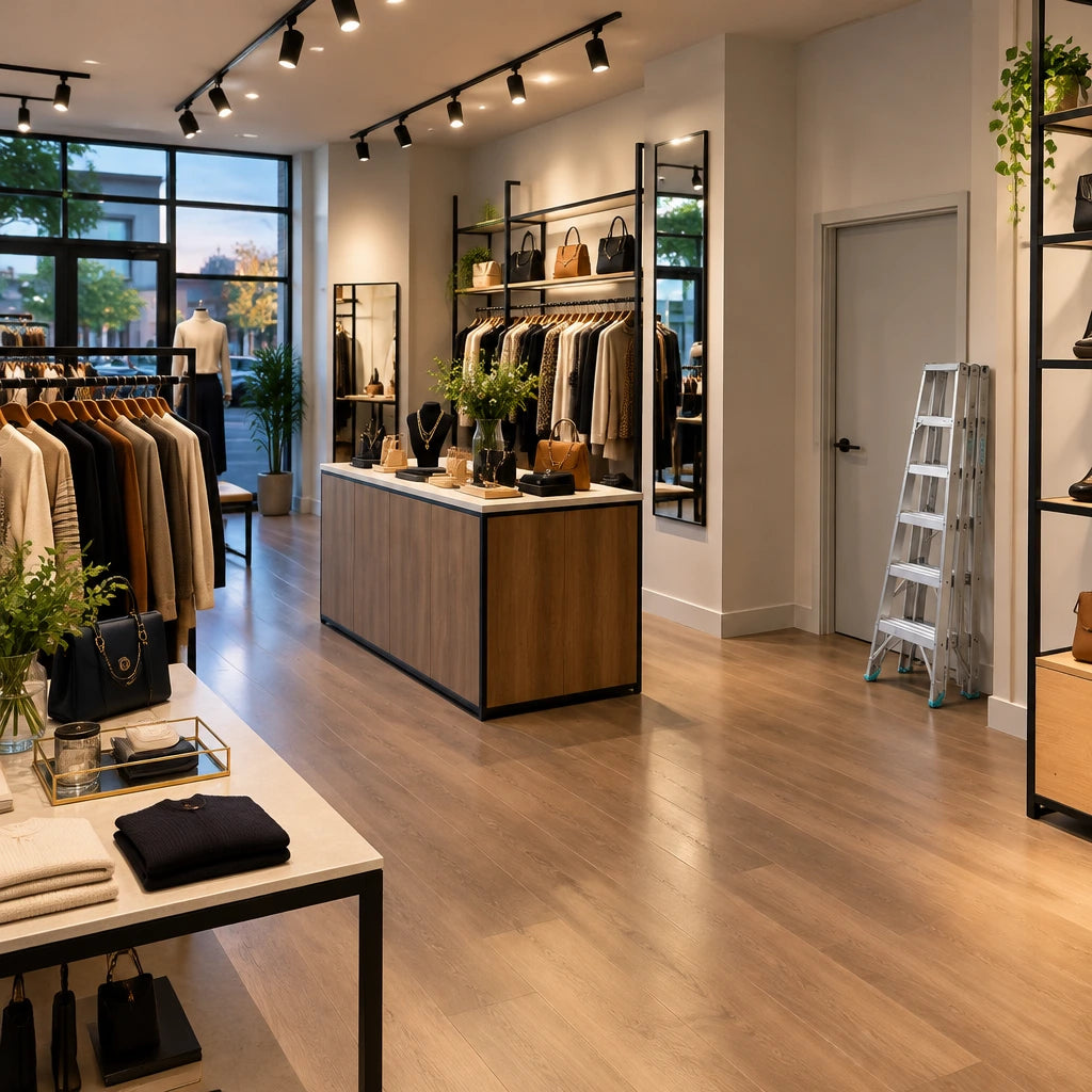Evenly lit boutique showroom ready to open with the folded Total THLAD01071 ladder parked near the service door.