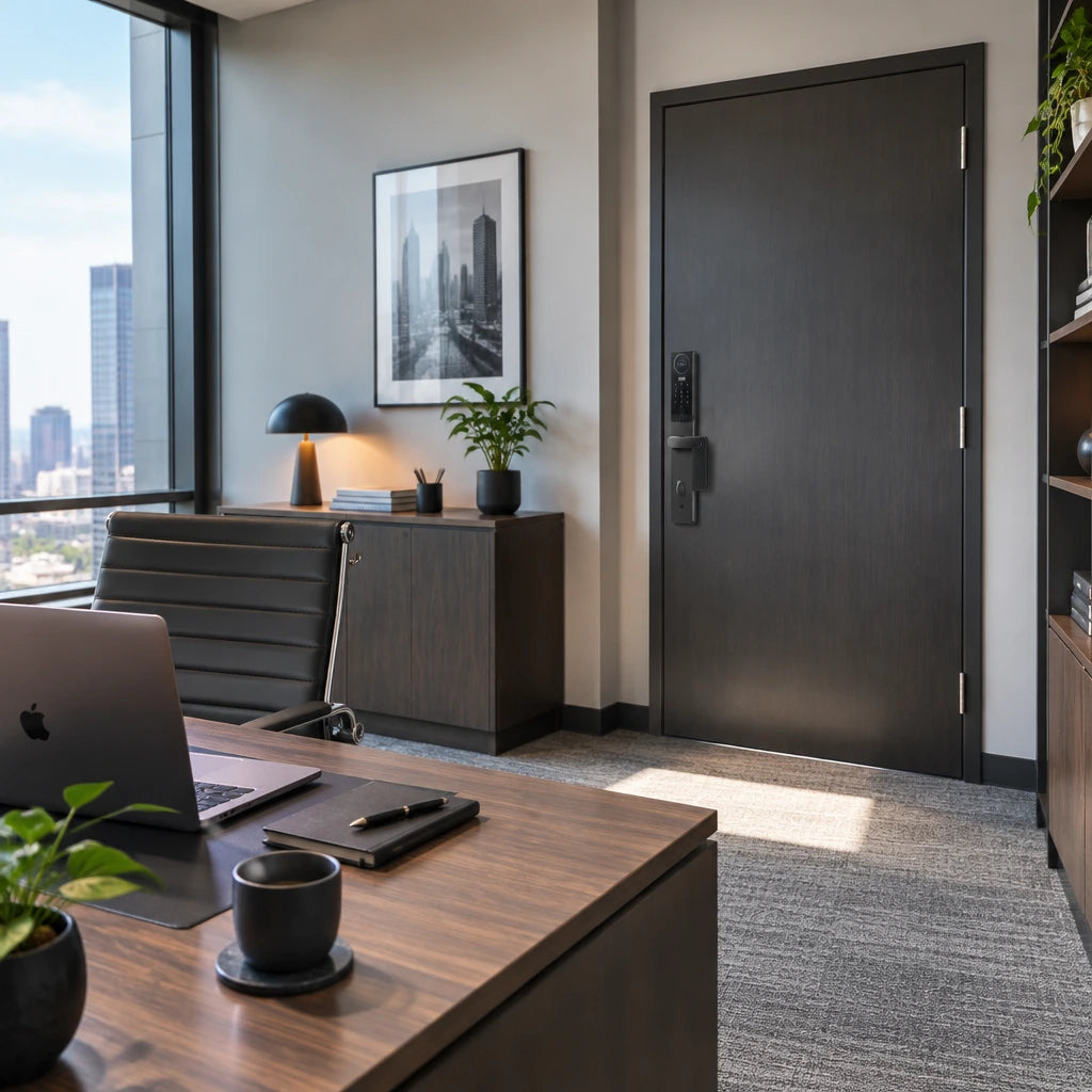 Finished contemporary office secured by a C13-6085 smart lock and ready for authorised occupants