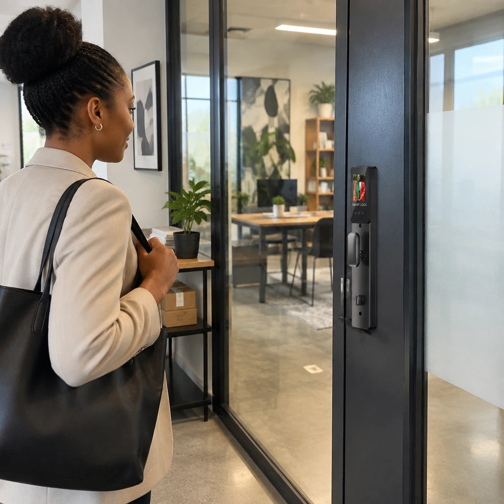 C31-6085 smart lock on a closed shared design studio entrance, showing a calm and prepared professional access point.