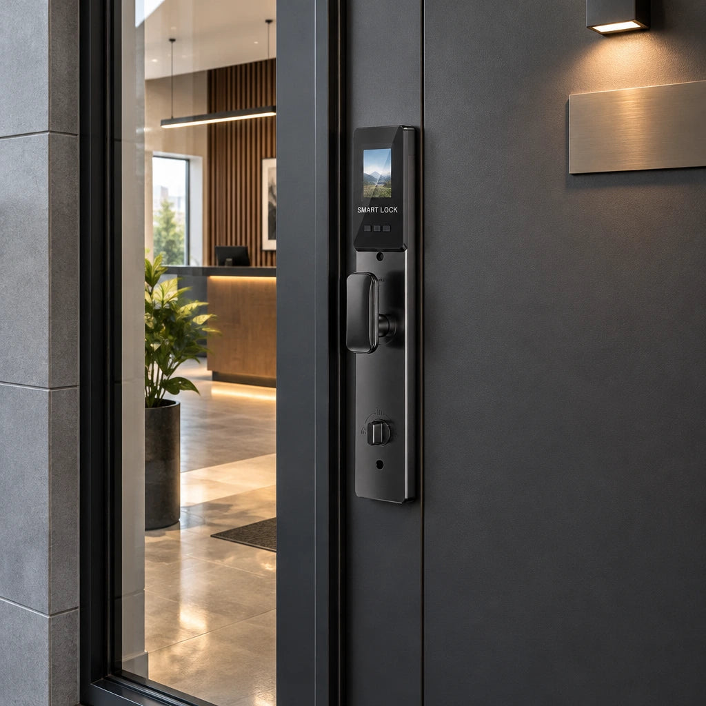 C31-6085 waterproof smart mortise lock installed on a closed contemporary shared-studio entrance door.