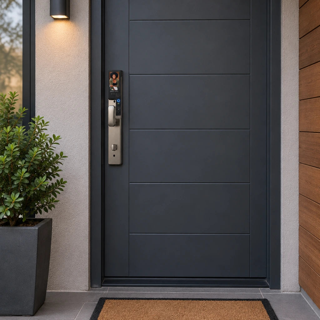 Supply Master K9-6085 smart mortise lock installed on a closed contemporary residential entrance door
