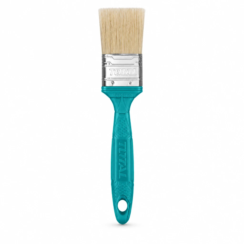 Total THT845016 1-inch oil paint brush with turquoise handle, silver ferrule and natural bristles on white background