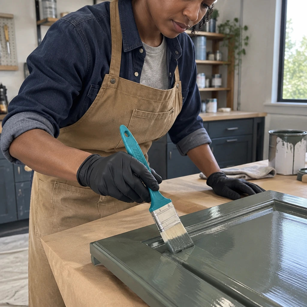 African American furniture refinisher using a Total 1-inch oil paint brush to coat a wooden cabinet door