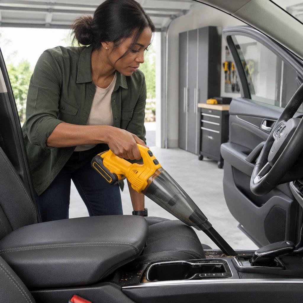 African American homeowner using the Ingco CVLI20126 cordless vacuum with crevice nozzle to clean debris beside a car centre console.