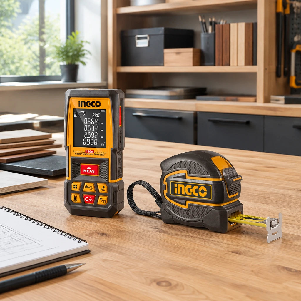 Ingco laser distance detector and steel tape measure resting on an organised joinery workshop workbench.