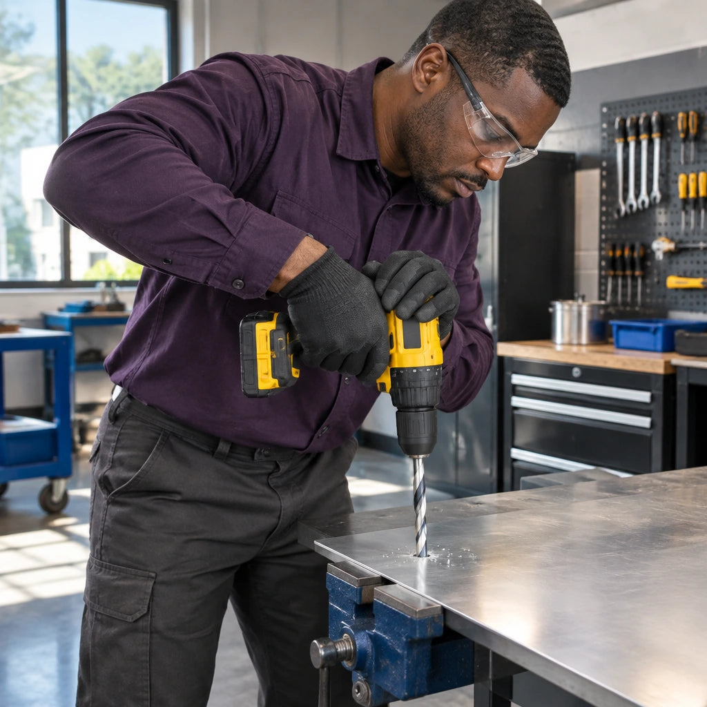 Technician drills a 14 mm hole in a secured stainless-steel panel using the Ingco HSS4341 bit
