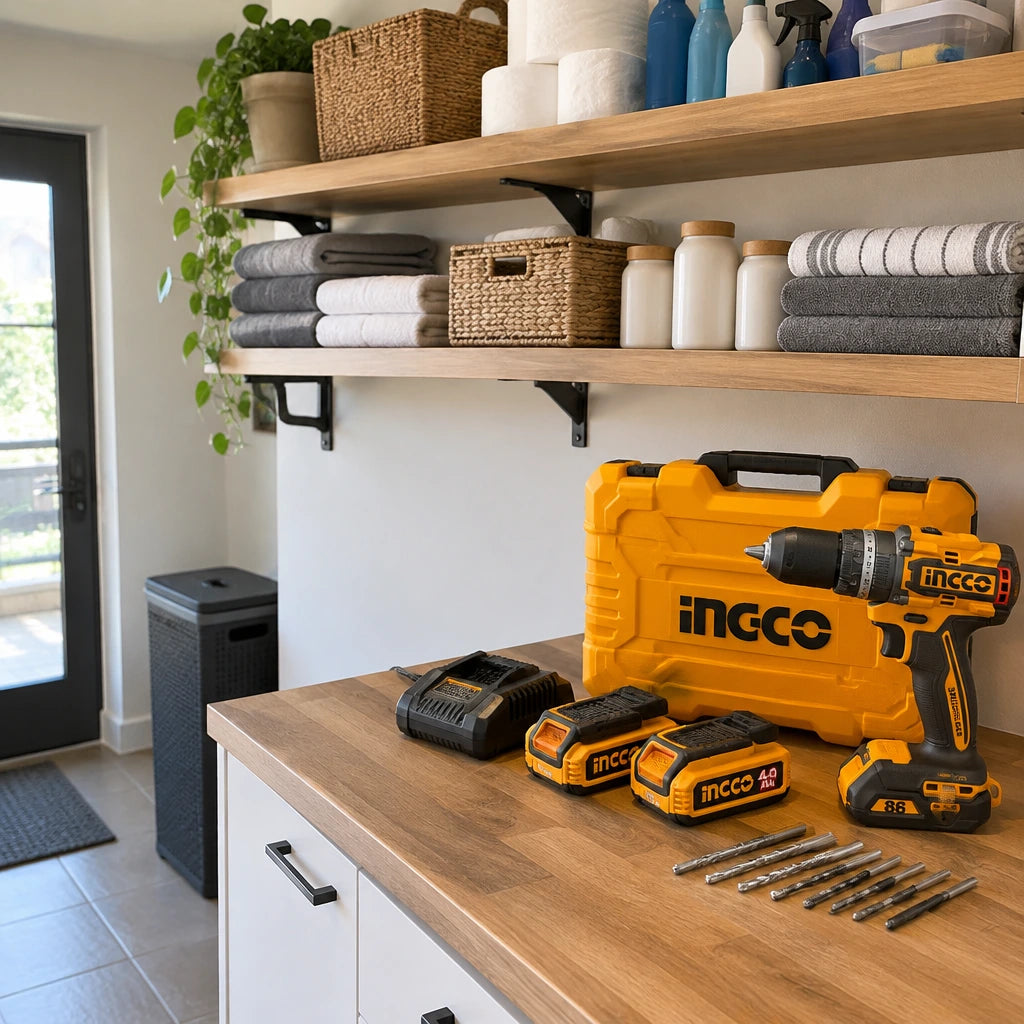 Completed wall-mounted utility shelving with the inactive Ingco CIDLI208689 drill kit nearby in a contemporary apartment utility room