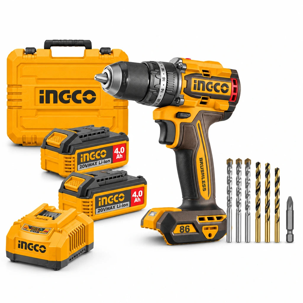Ingco CIDLI208689 20V brushless cordless impact drill kit with two 4.0Ah batteries, charger, bits and carrying case on white background
