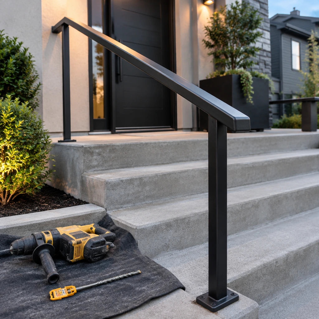 Completed metal handrail on concrete entry steps with the Ingco SDS Plus drill bit resting nearby