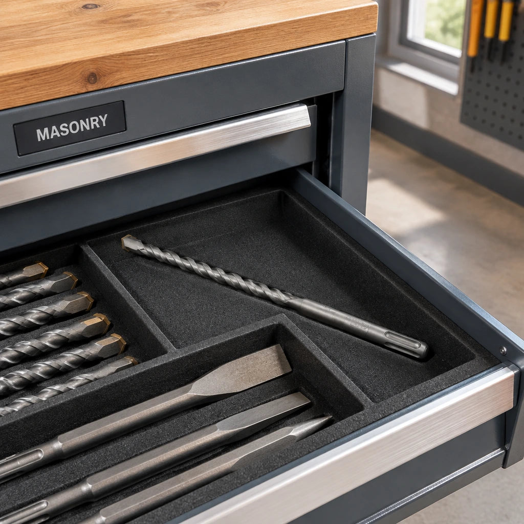Ingco SDS Plus concrete drill bit stored in an organised professional tool cabinet