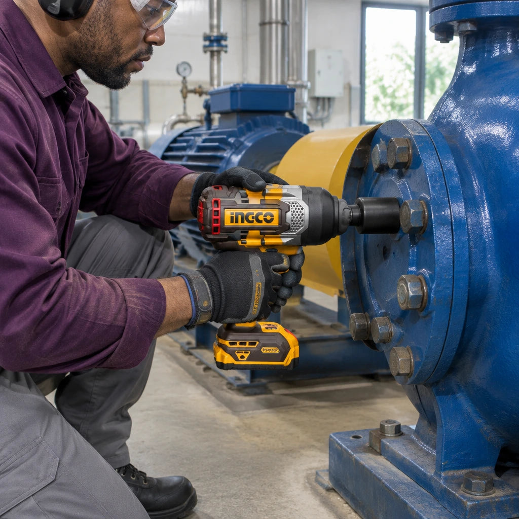 Technician using an Ingco CIWLI201355 impact wrench to loosen a large pump flange fastener