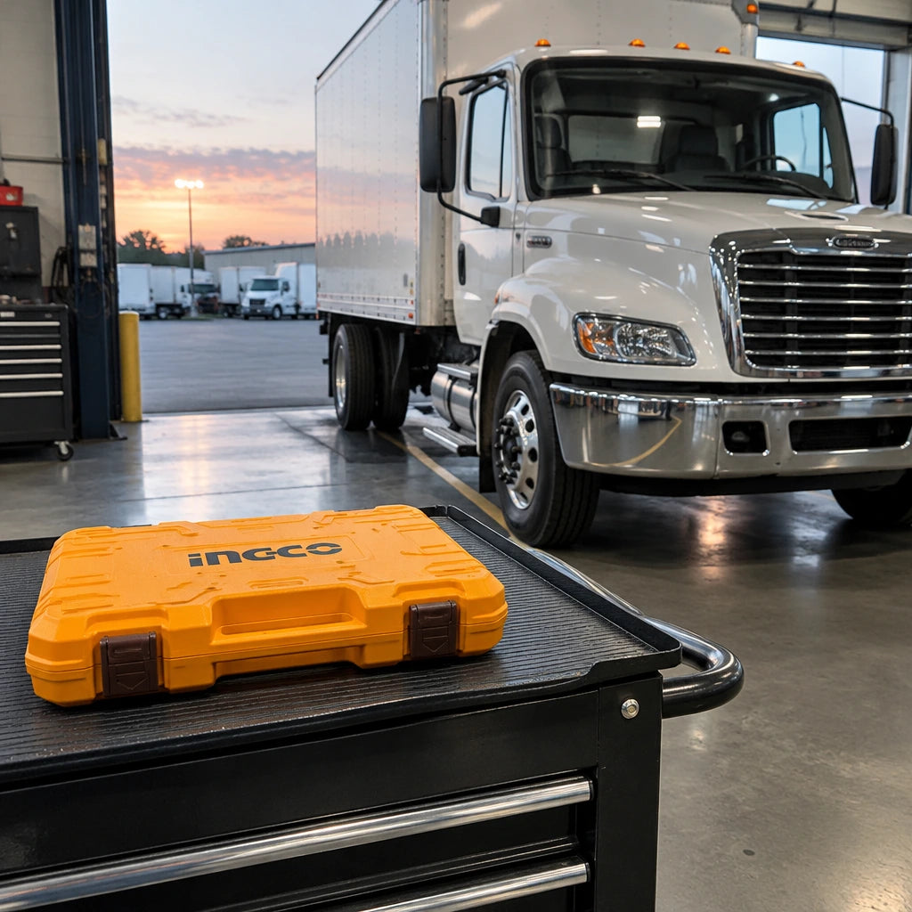Serviced commercial vehicle ready for release beside the closed Ingco deep impact socket set