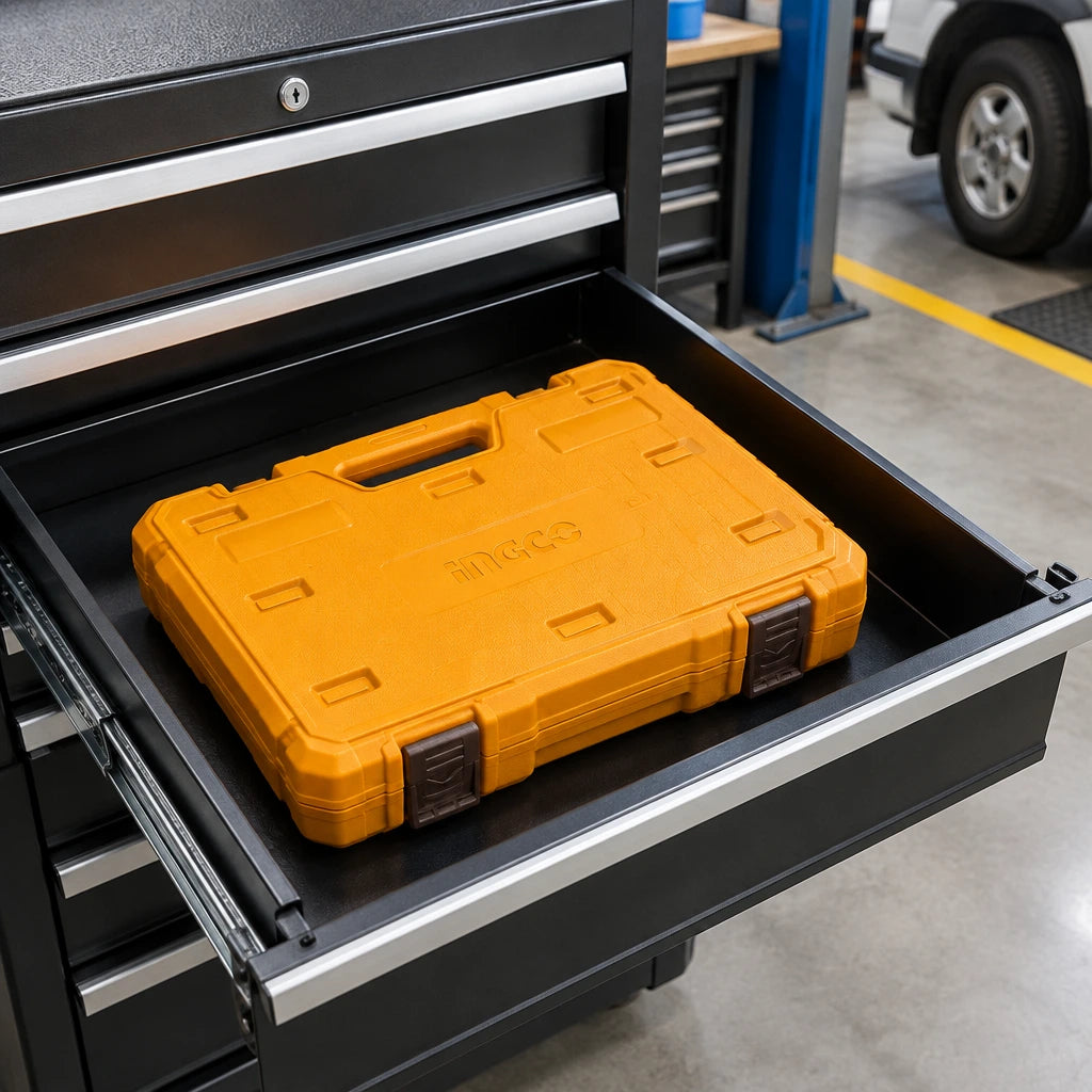 Closed Ingco deep impact socket set stored in a professional fleet workshop tool chest