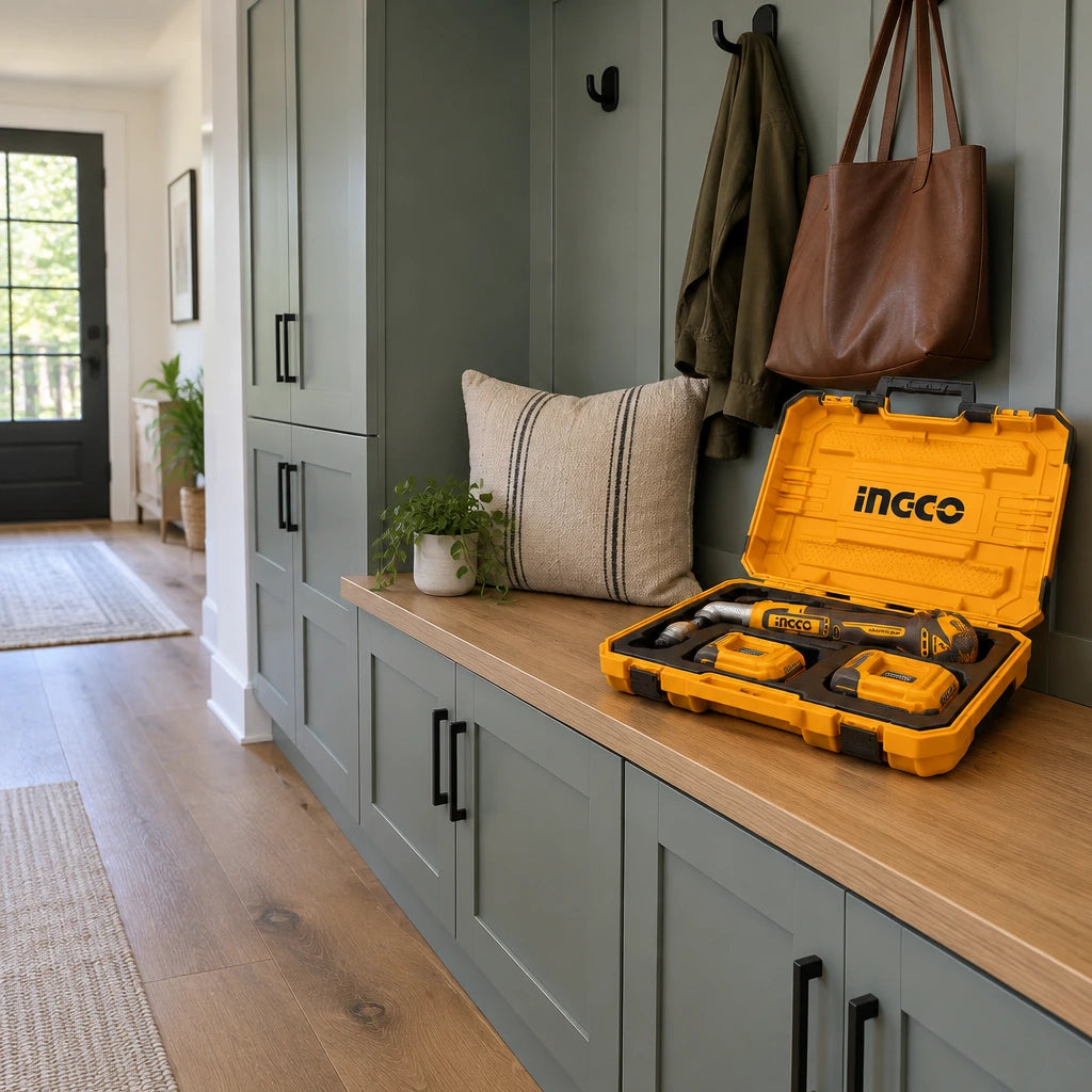 Finished mudroom cabinetry with the Ingco CAIRLI208 tool kit resting nearby after precise installation