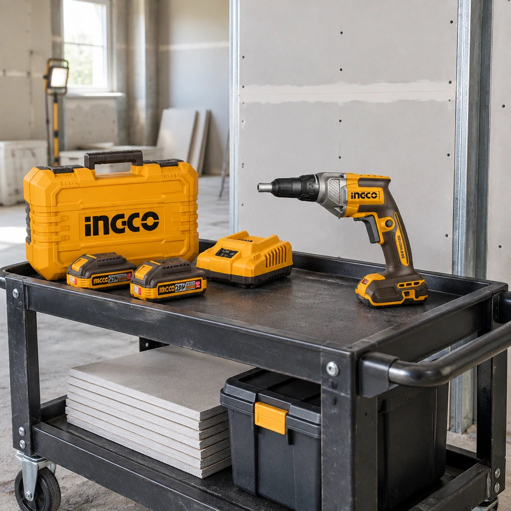 Ingco cordless drywall screwdriver kit resting on a mobile cart beside a gypsum-board partition
