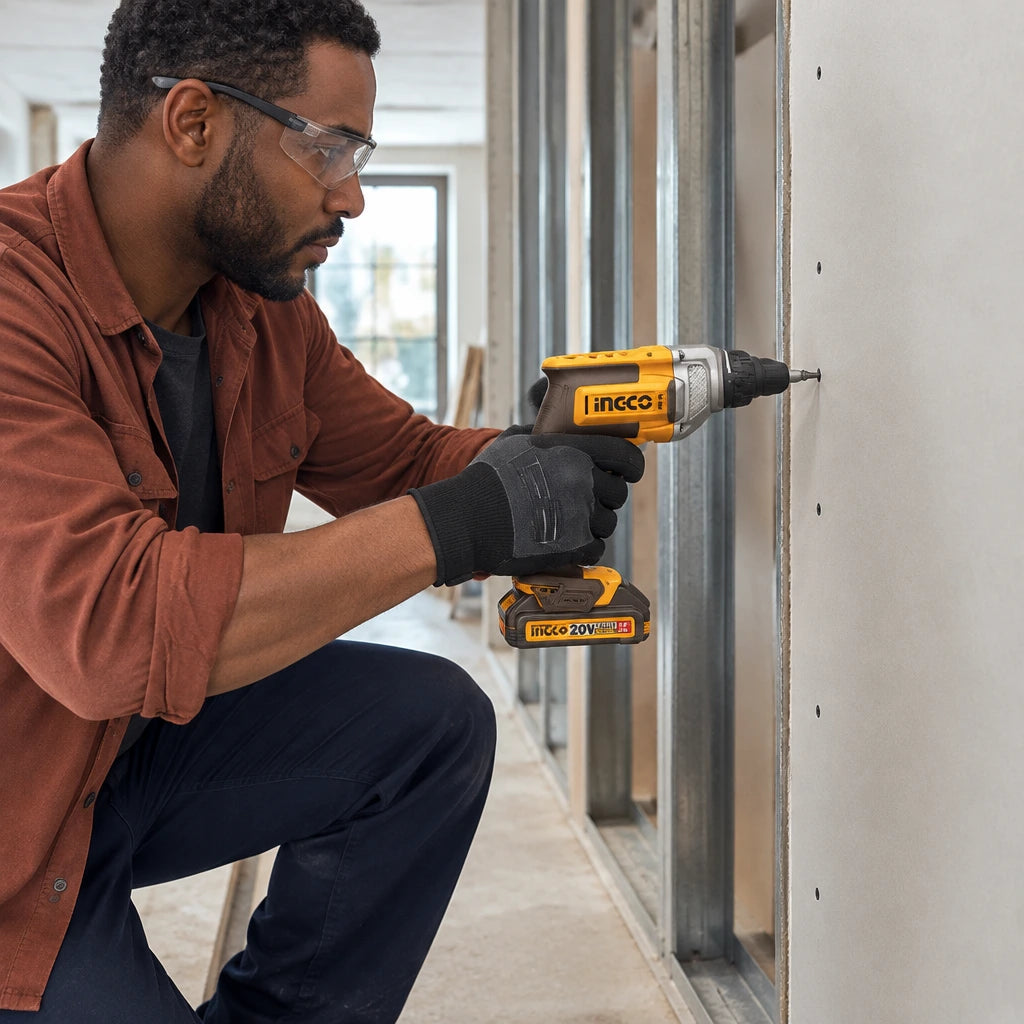 African American drywall installer using the Ingco 20V cordless screwdriver to fasten a screw into gypsum board