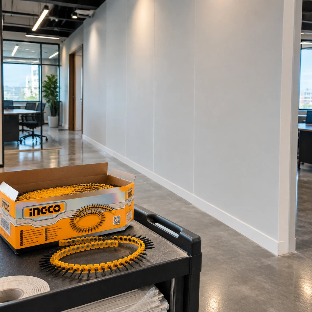 Completed smooth drywall partition with an Ingco ANA19251 screw box resting on a nearby materials cart