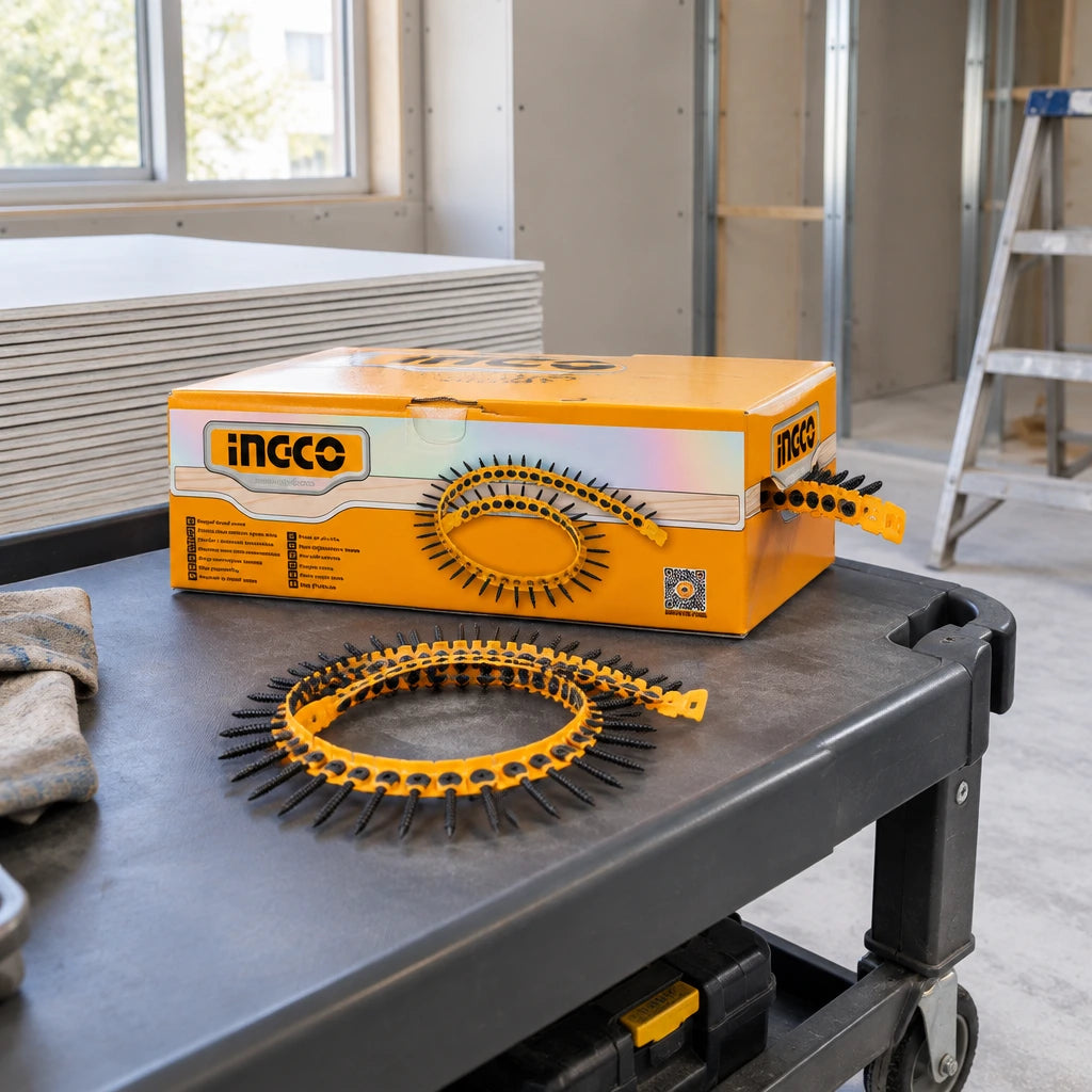 Ingco collated drywall screw box stored on a material cart beside drywall sheets in a clean renovation area