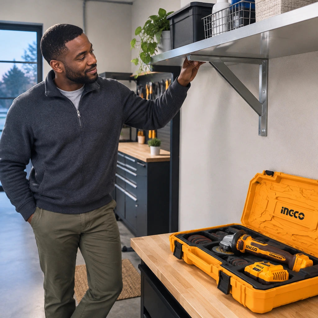 Finished utility shelf supported by a neatly cut steel bracket beside the Ingco CAGLI207625 mini cut-off tool kit