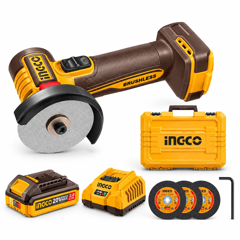 Ingco CAGLI207625 20V cordless 3-inch mini cut-off tool kit with battery, charger, discs and carrying case on white background